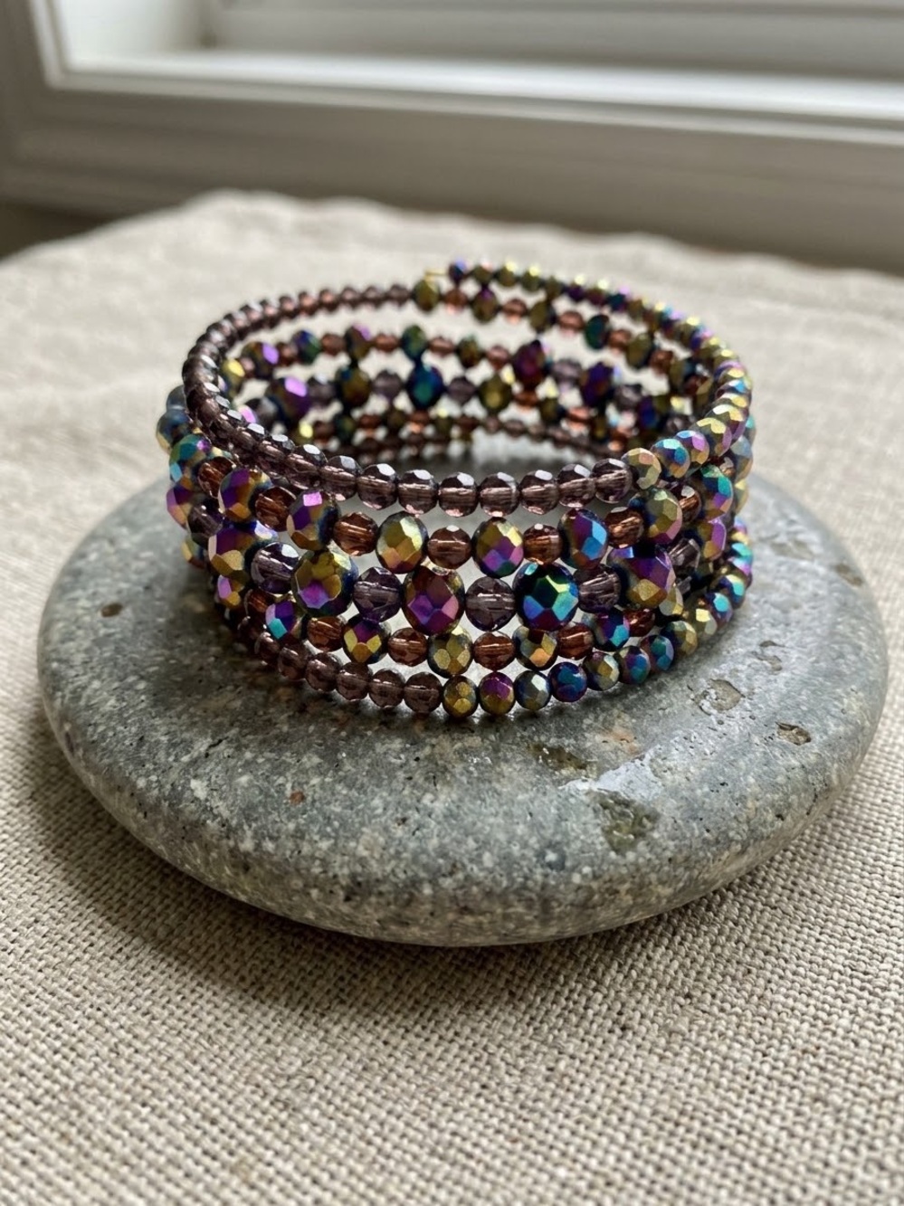 Multi-Row Iridescent Purple Beaded Wrap Bracelet